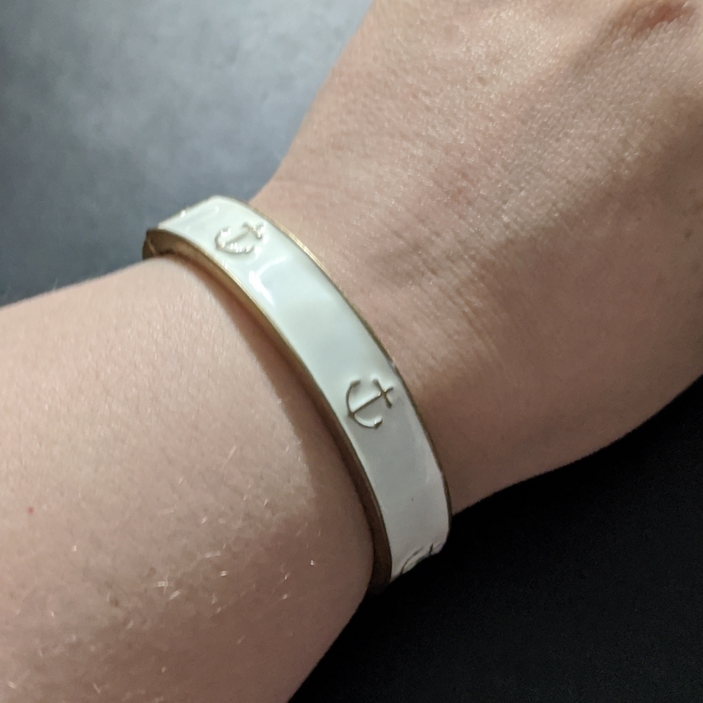 Gold Tone White Enamel Anchor Hinged Cuff Statement Bracelet